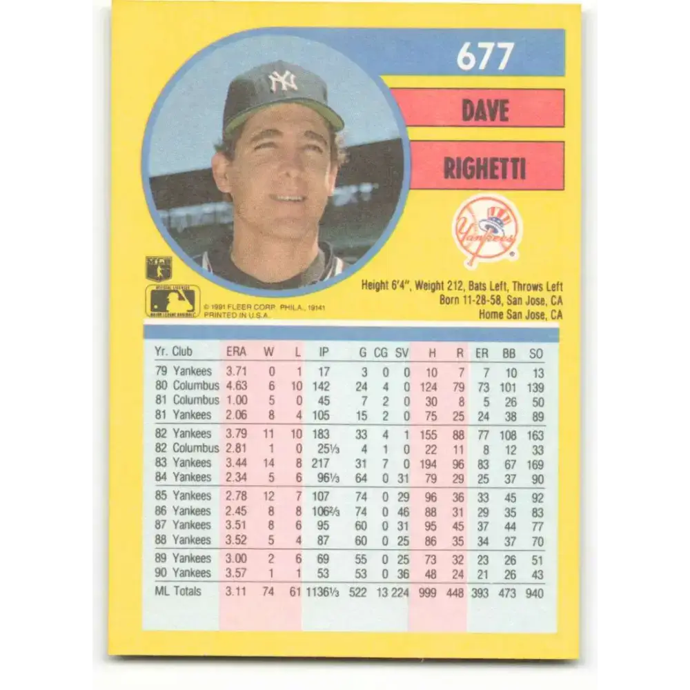 1991 Fleer #677 Dave Righetti NM-MT New York Yankees Baseball Card - Baseball Card Single
