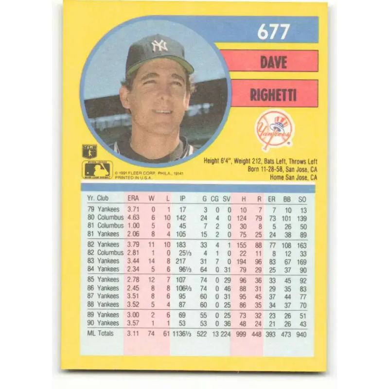 1991 Fleer #677 Dave Righetti NM-MT New York Yankees Baseball Card - Baseball Card Single