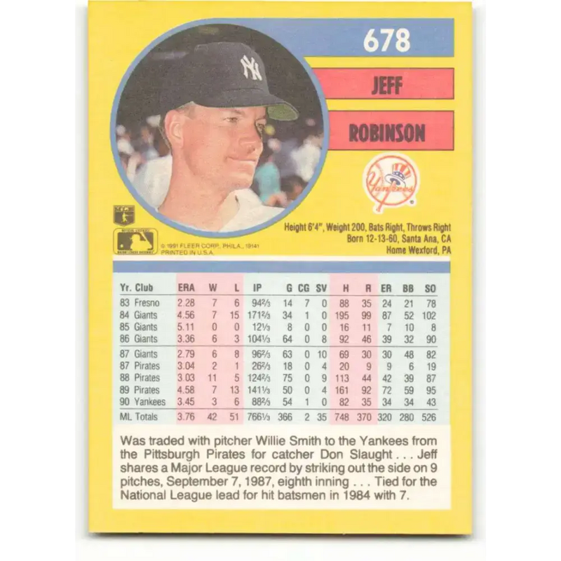 1991 Fleer #678 Jeff Robinson NM-MT New York Yankees Baseball Card