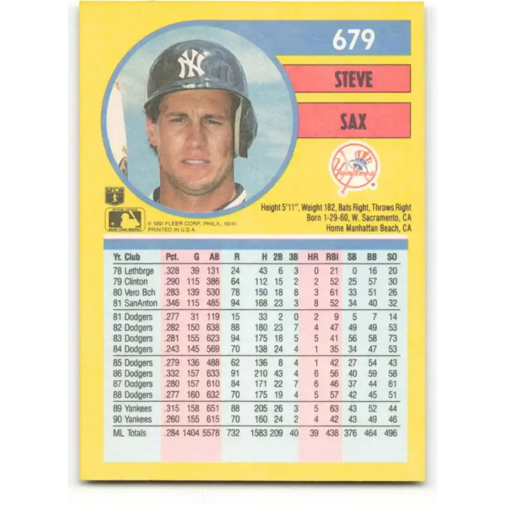 1991 Fleer #679 Steve Sax NM-MT New York Yankees Baseball Card - Baseball Card Single