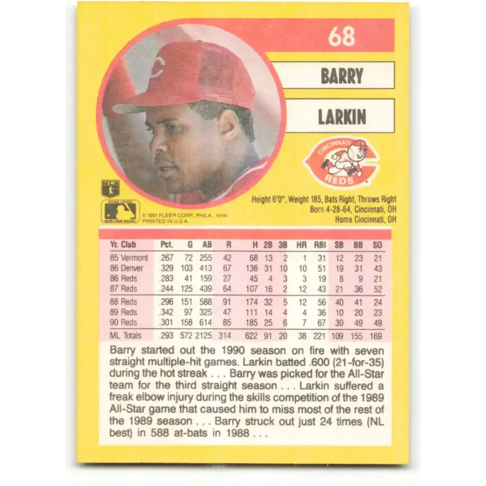 1991 Fleer #68 Barry Larkin NM-MT Cincinnati Reds Baseball Card - Baseball Card Single