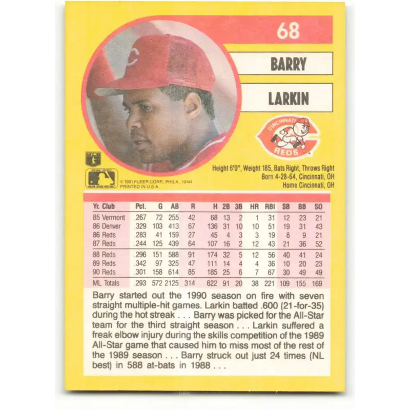 1991 Fleer #68 Barry Larkin NM-MT Cincinnati Reds Baseball Card - Baseball Card Single