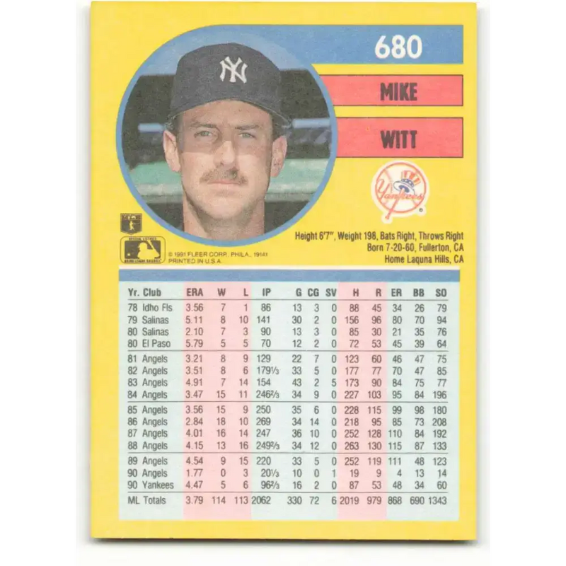 1991 Fleer #680 Mike Witt NM-MT New York Yankees Baseball Card - Baseball Card Single