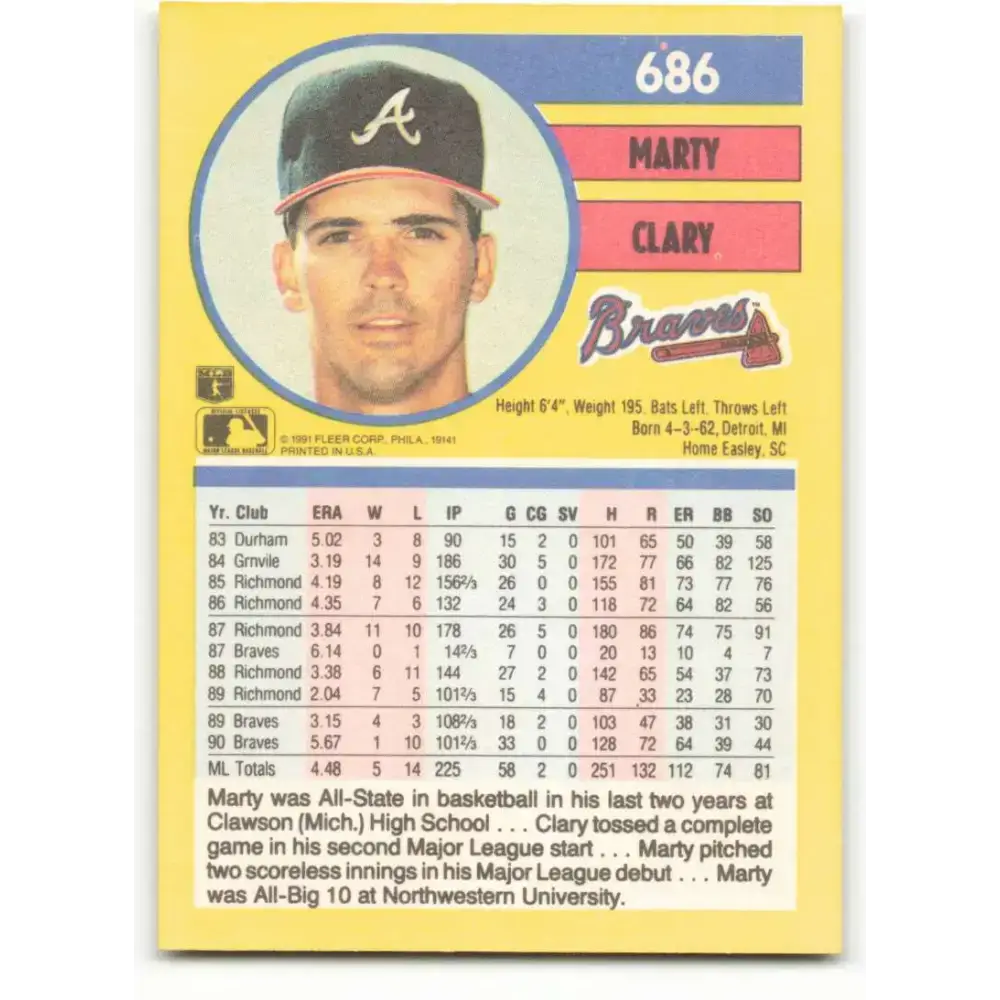 1991 Fleer #686 Marty Clary NM-MT Atlanta Braves Baseball Card - Baseball Card Single