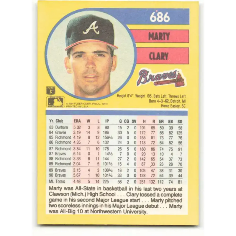 1991 Fleer #686 Marty Clary NM-MT Atlanta Braves Baseball Card - Baseball Card Single