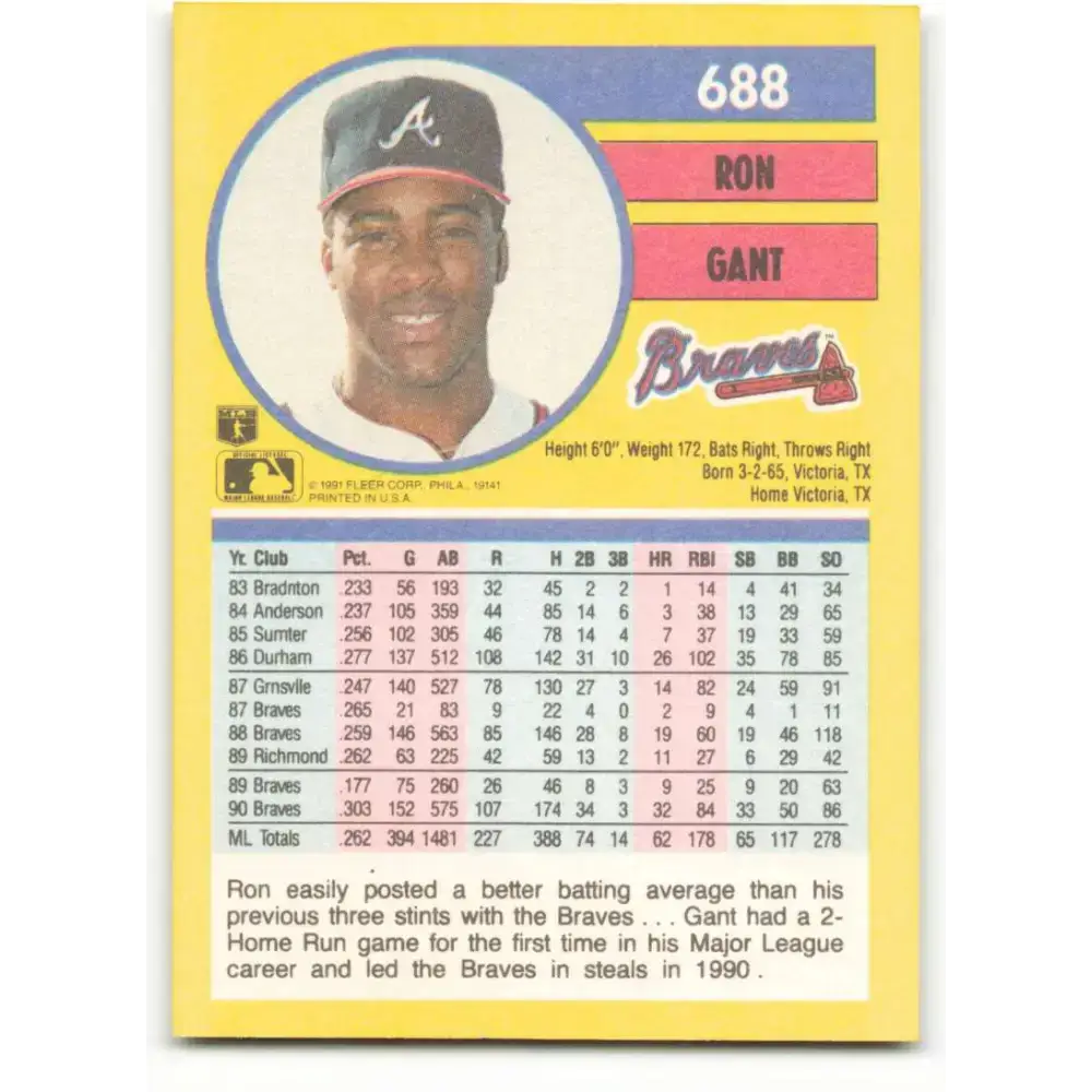 1991 Fleer #688 Ron Gant NM-MT Atlanta Braves Baseball Card - Baseball Card Single