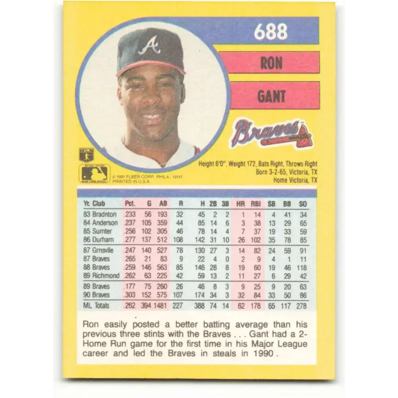 1991 Fleer #688 Ron Gant NM-MT Atlanta Braves Baseball Card - Baseball Card Single