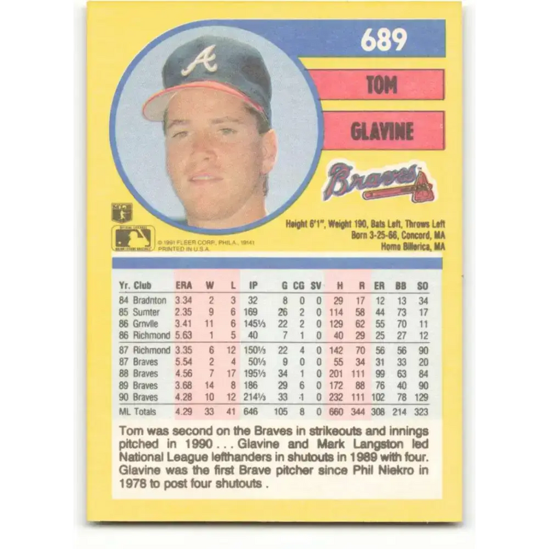 1991 Fleer #689 Tom Glavine NM-MT Atlanta Braves Baseball Card