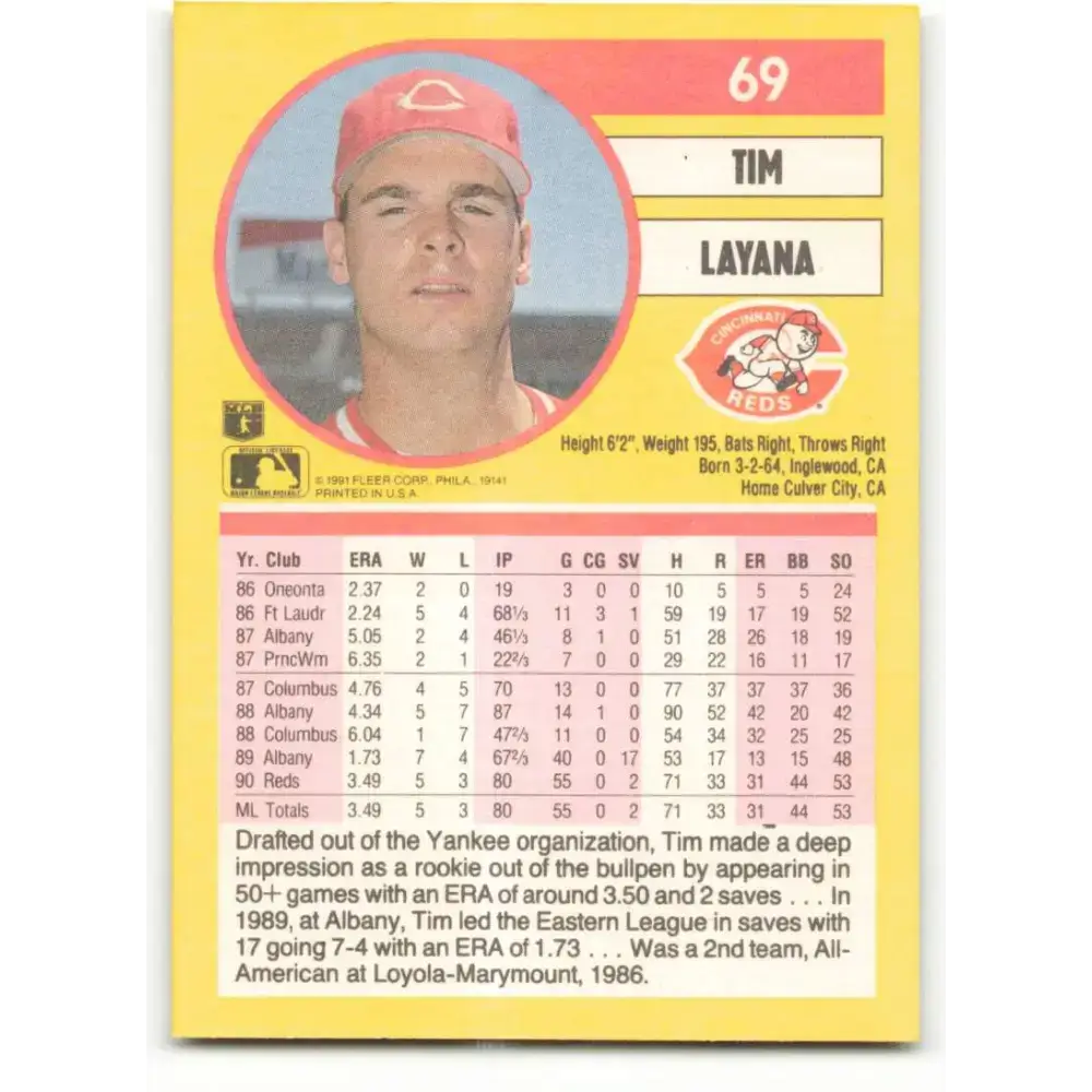 1991 Fleer #69 Tim Layana NM-MT Cincinnati Reds Baseball Card - Baseball Card Single