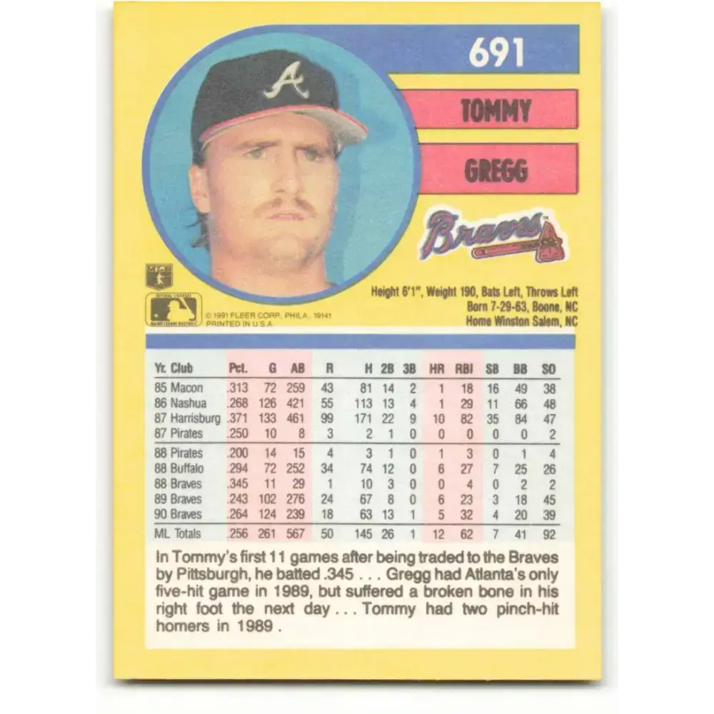 1991 Fleer #691 Tommy Gregg NM-MT Atlanta Braves Baseball Card - Baseball Card Single