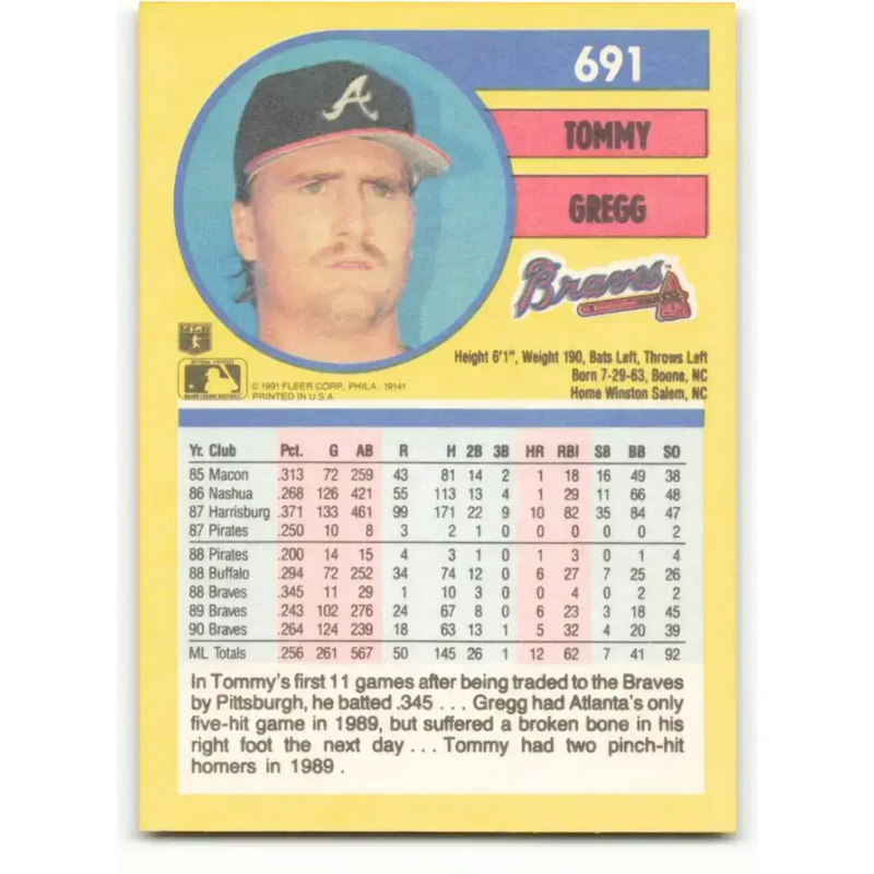 1991 Fleer #691 Tommy Gregg NM-MT Atlanta Braves Baseball Card - Baseball Card Single