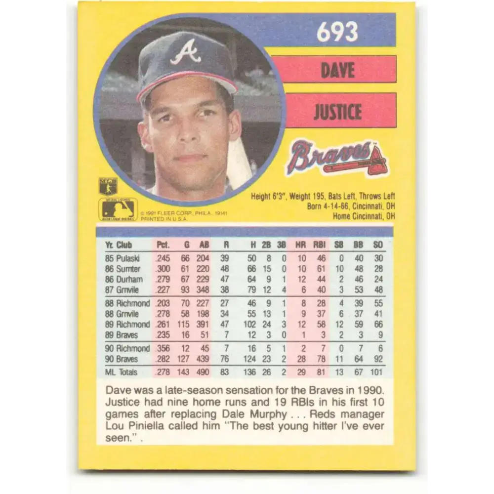 1991 Fleer #693 David Justice NM-MT Atlanta Braves Baseball Card - Baseball Card Single