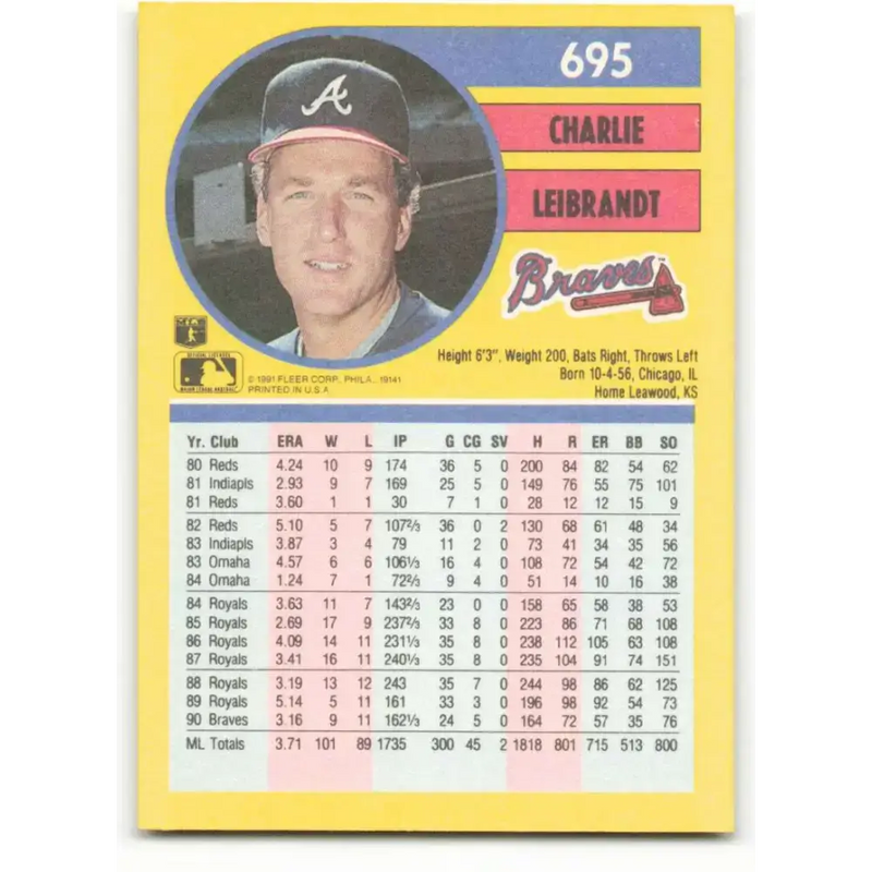 1991 Fleer #695 Charlie Leibrandt NM-MT Atlanta Braves Baseball Card - Baseball Card Single