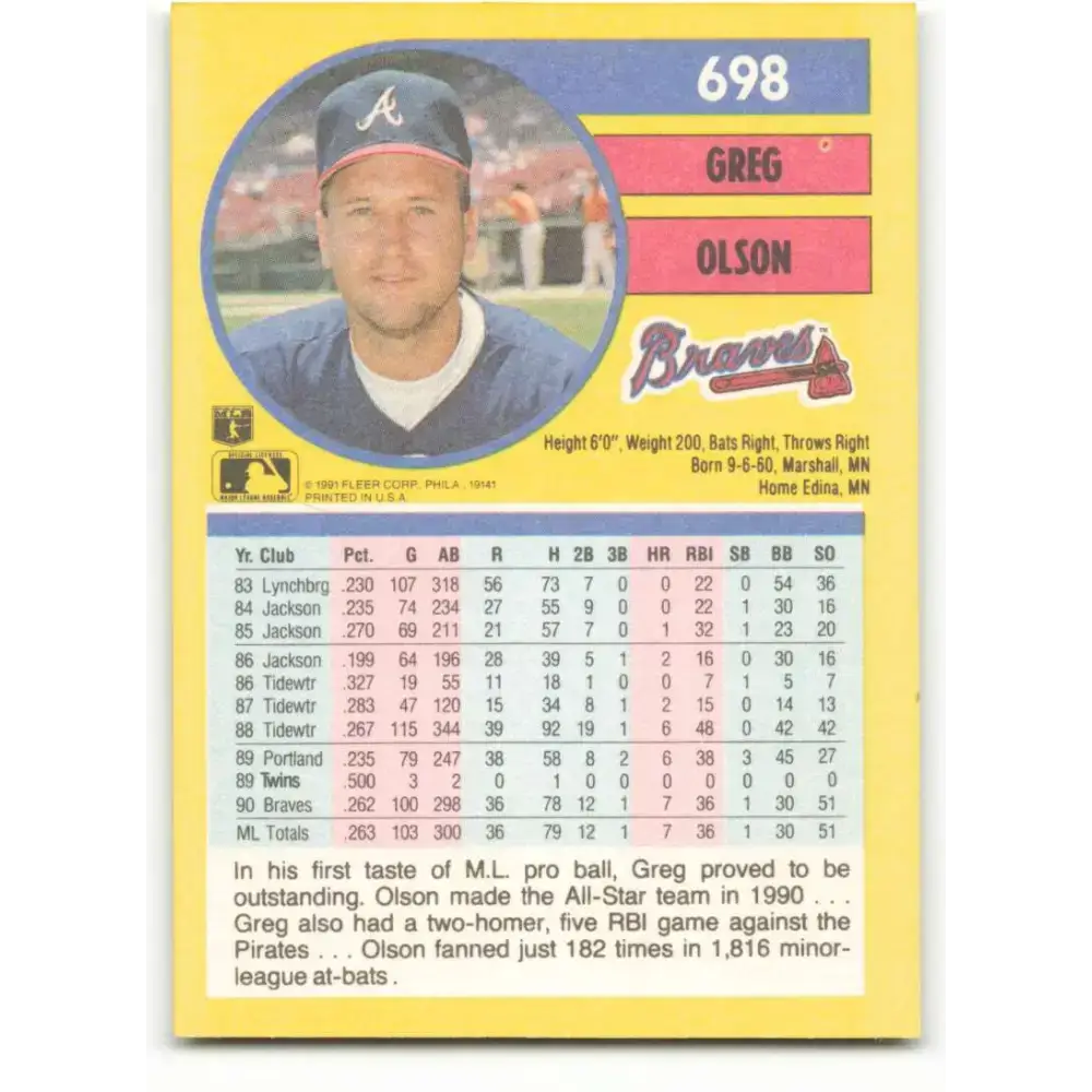 1991 Fleer #698 Greg Olson NM-MT Atlanta Braves Baseball Card - Baseball Card Single