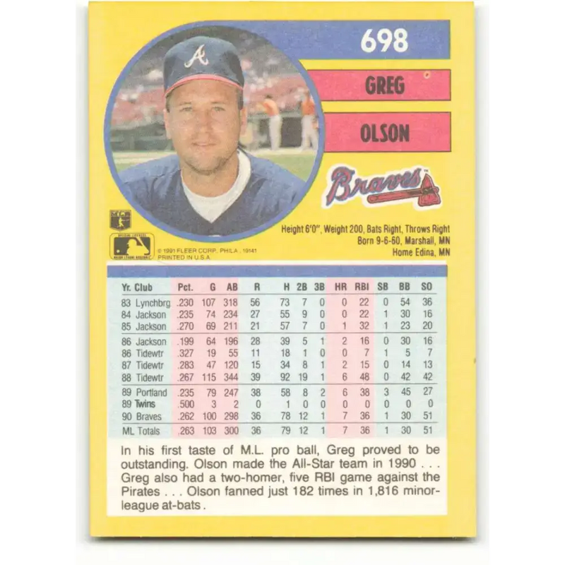 1991 Fleer #698 Greg Olson NM-MT Atlanta Braves Baseball Card - Baseball Card Single
