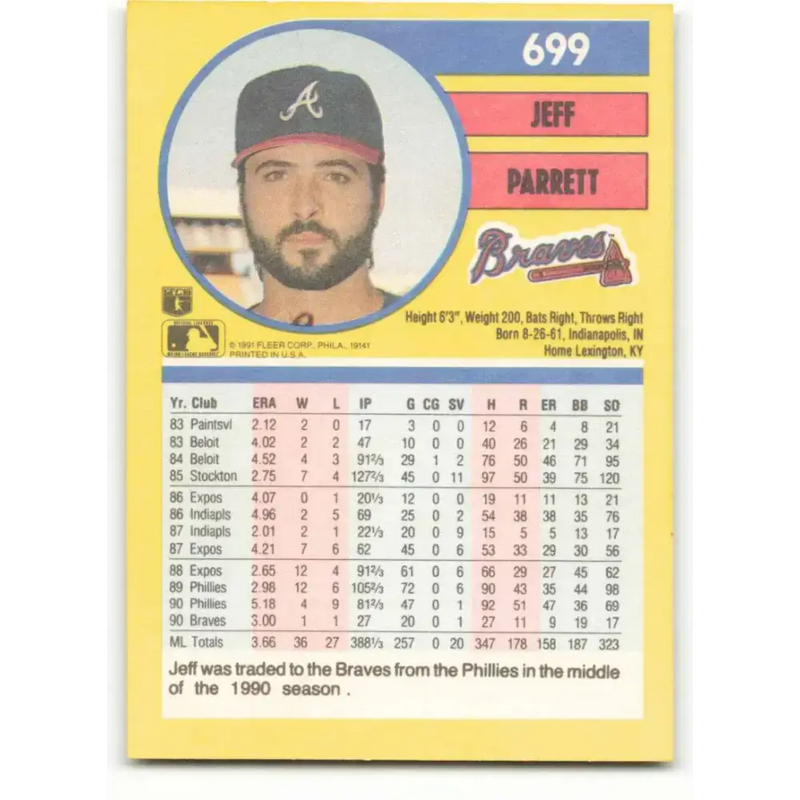 1991 Fleer #699 Jeff Parrett NM-MT Atlanta Braves Baseball Card - Baseball Card Single