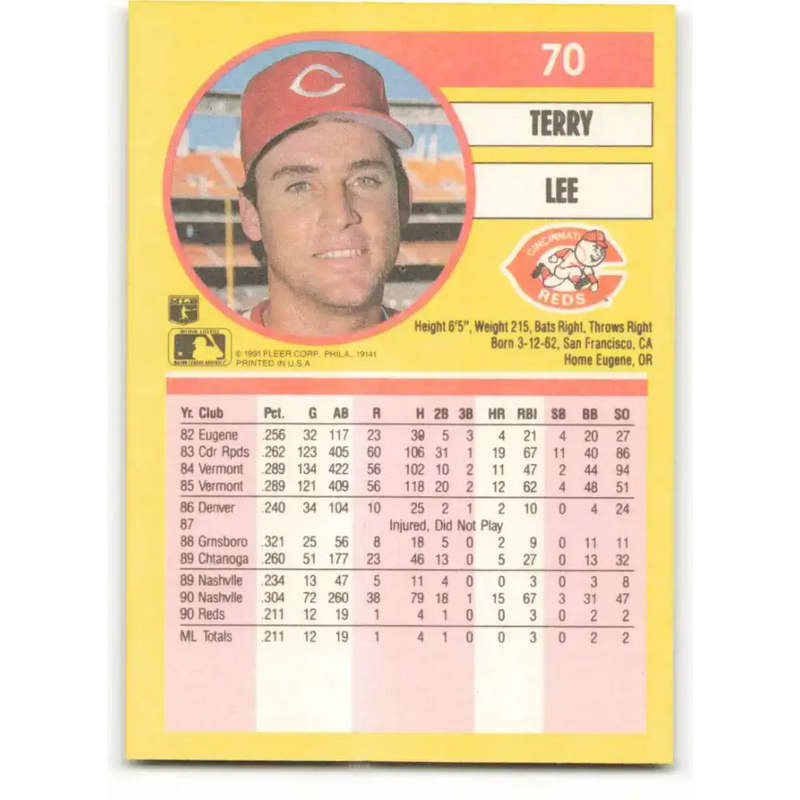 1991 Fleer #70 Terry Lee NM-MT RC Rookie Cincinnati Reds Baseball Card