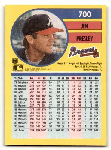 Original gloss Jim Presley Atlanta Braves baseball card from 1991 Fleer #700