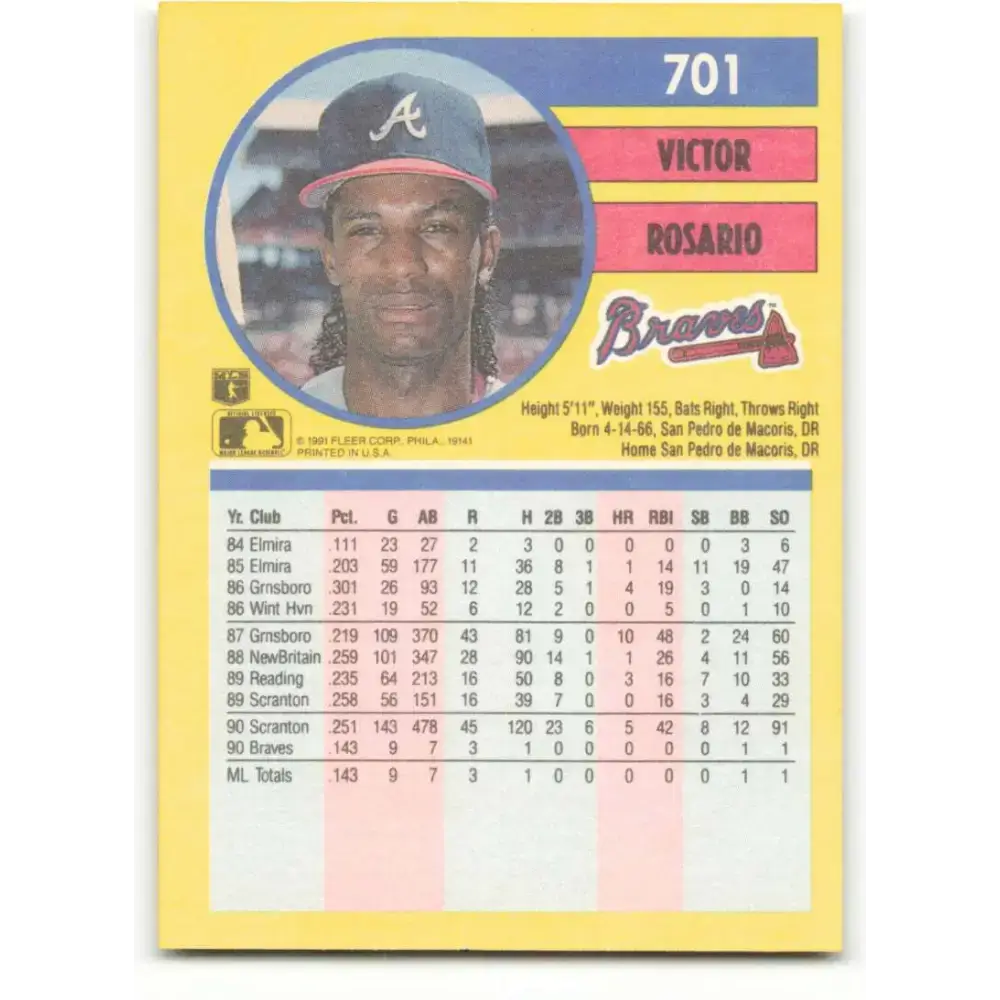 1991 Fleer #701 Victor Rosario NM-MT RC Rookie Atlanta Braves Baseball Card