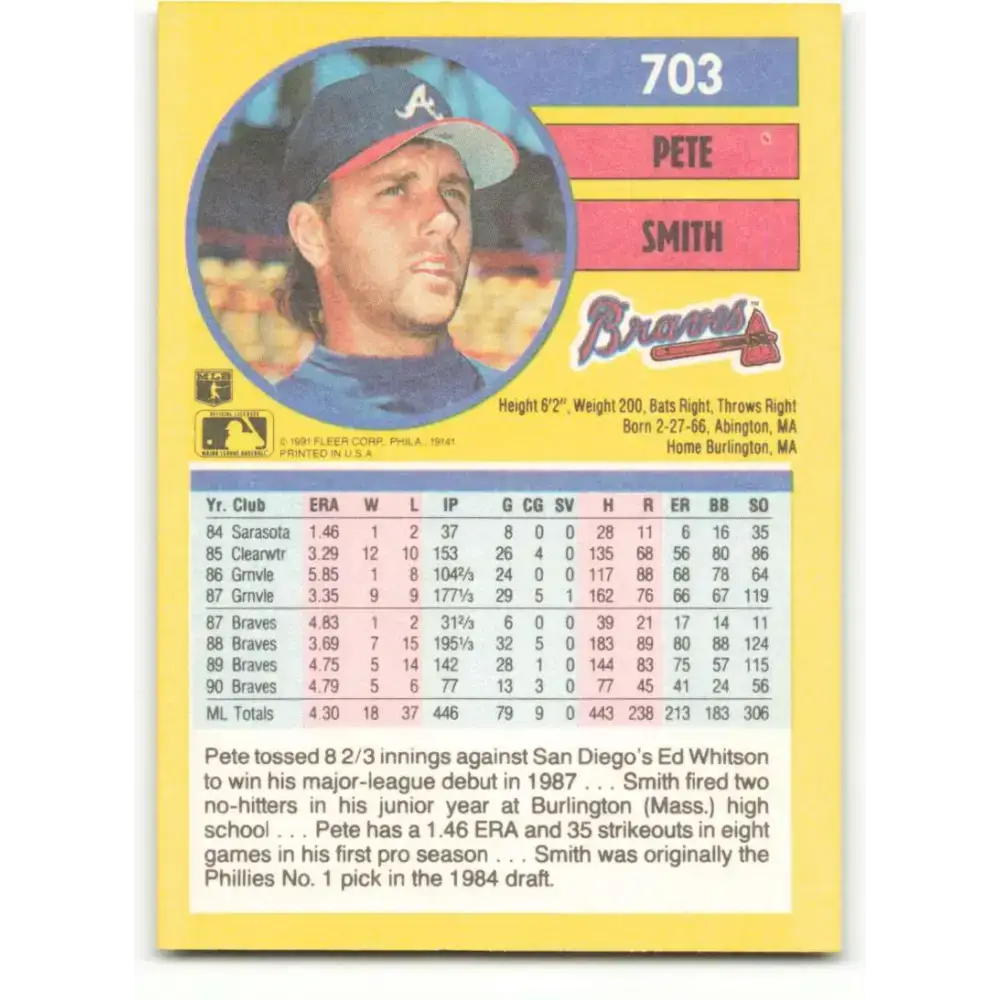 1991 Fleer #703 Pete Smith NM-MT Atlanta Braves Baseball Card - Baseball Card Single