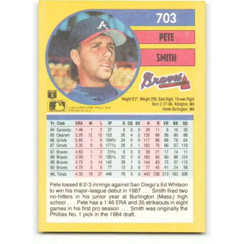 1991 Fleer #703 Pete Smith NM-MT Atlanta Braves Baseball Card - Baseball Card Single