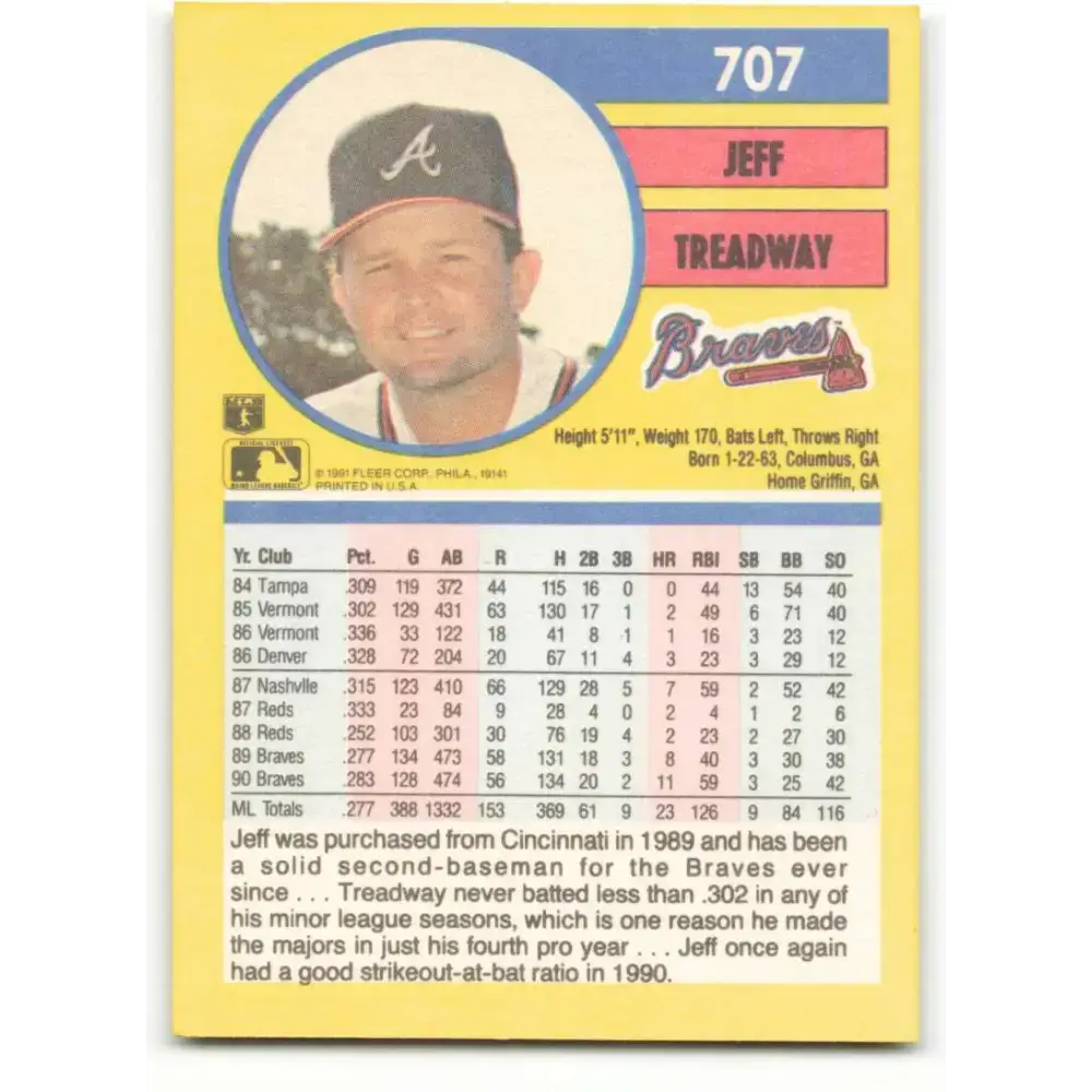 1991 Fleer #707 Jeff Treadway NM-MT Atlanta Braves Baseball Card - Baseball Card Single