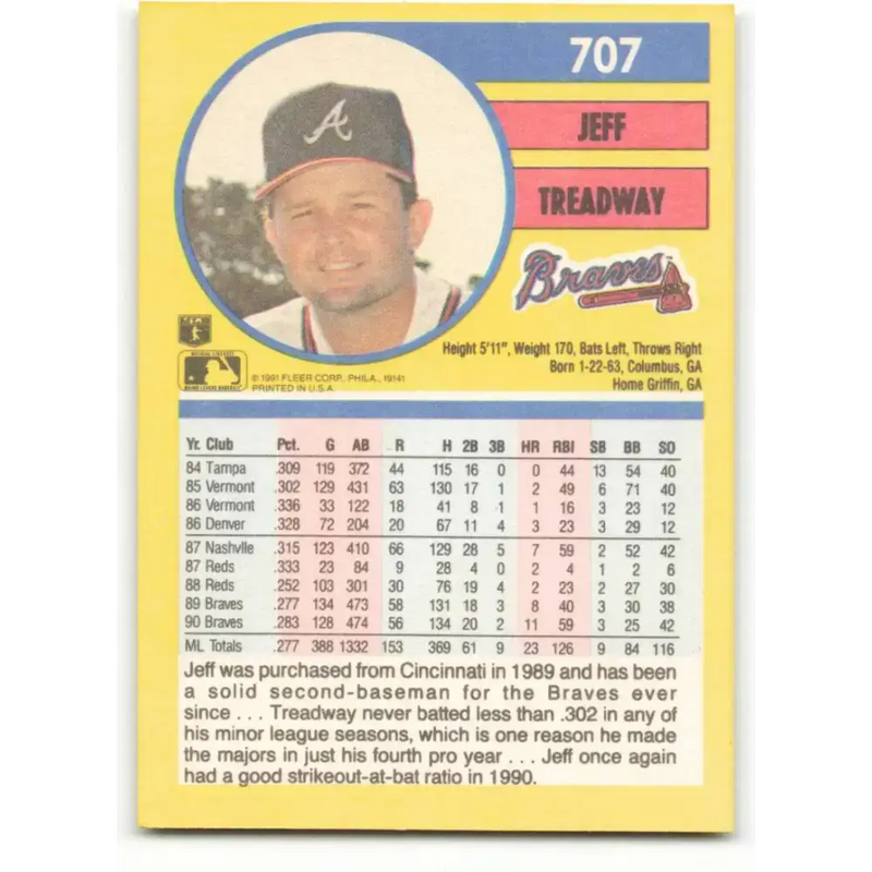 1991 Fleer #707 Jeff Treadway NM-MT Atlanta Braves Baseball Card - Baseball Card Single