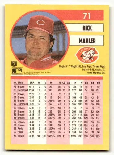 1991 Fleer #71 Rick Mahler Cincinnati Reds Baseball Cards EX/NM ID:55233 - Baseball Card Single