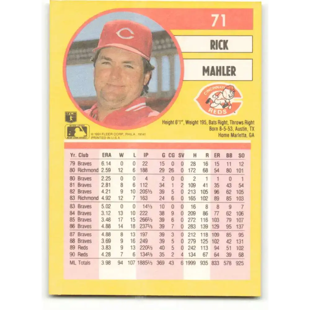 1991 Fleer #71 Rick Mahler NM-MT Cincinnati Reds Baseball Card - Baseball Card Single