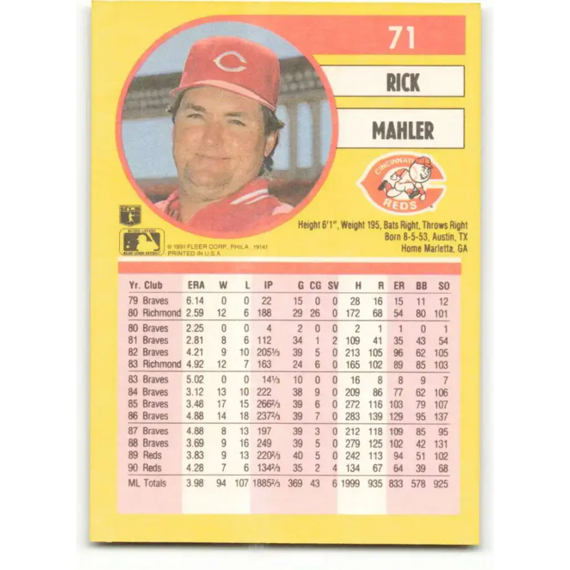 1991 Fleer #71 Rick Mahler NM-MT Cincinnati Reds Baseball Card - Baseball Card Single