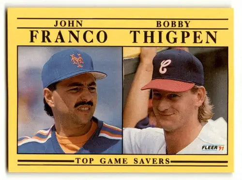 Original gloss baseball card featuring John Franco and Bobby Thigpen from 1991 Fleer
