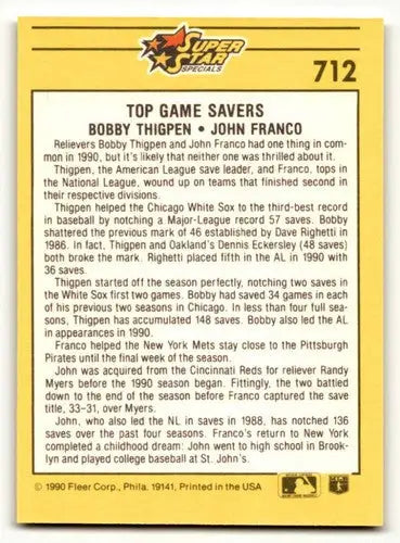 Baseball card back featuring original gloss of John Franco and Bobby Thigpen
