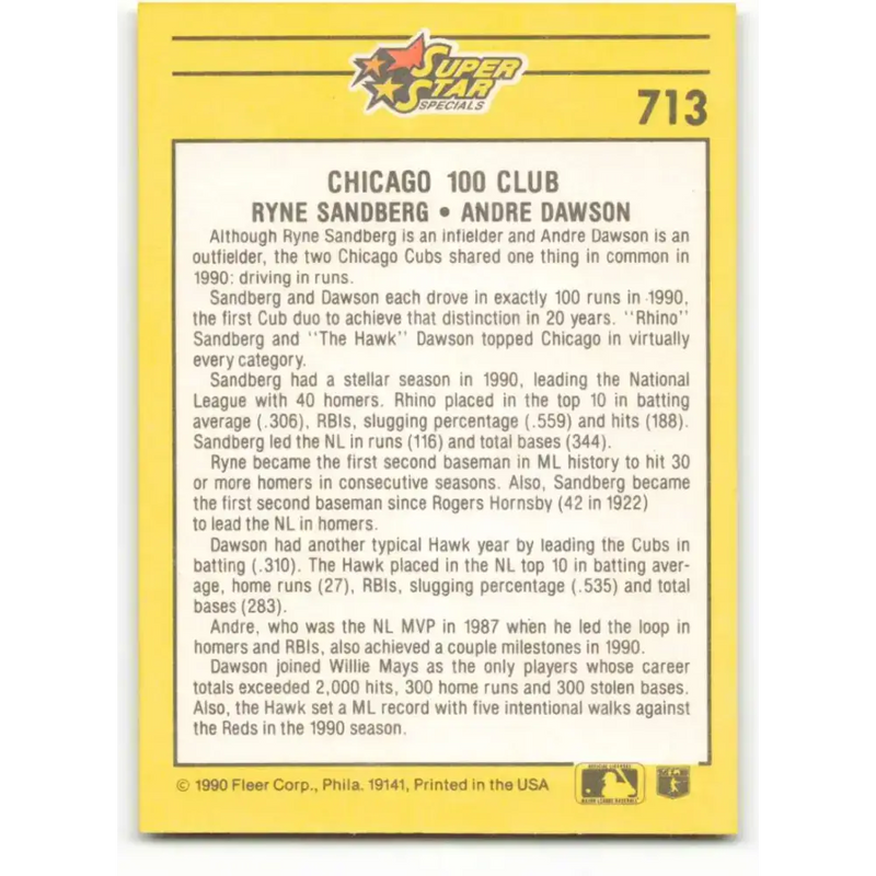 1991 Fleer #713 Ryne Sandberg/Andre Dawson NM-MT Chicago Cubs Baseball Card - Baseball Card Single