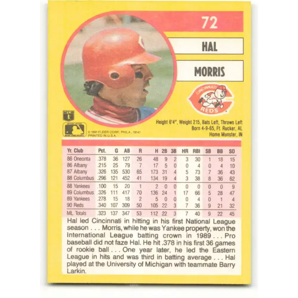 1991 Fleer #72 Hal Morris NM-MT Cincinnati Reds Baseball Card - Baseball Card Single