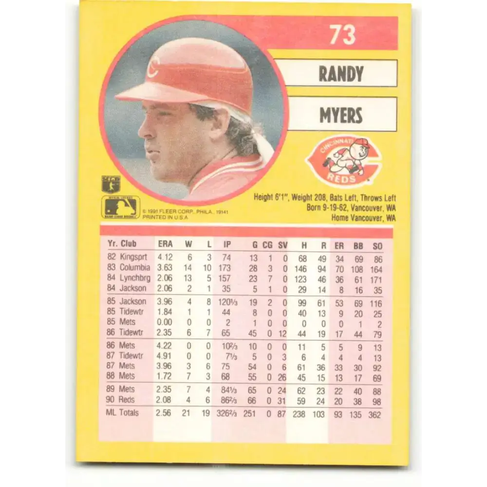 1991 Fleer #73 Randy Myers NM-MT Cincinnati Reds Baseball Card - Baseball Card Single