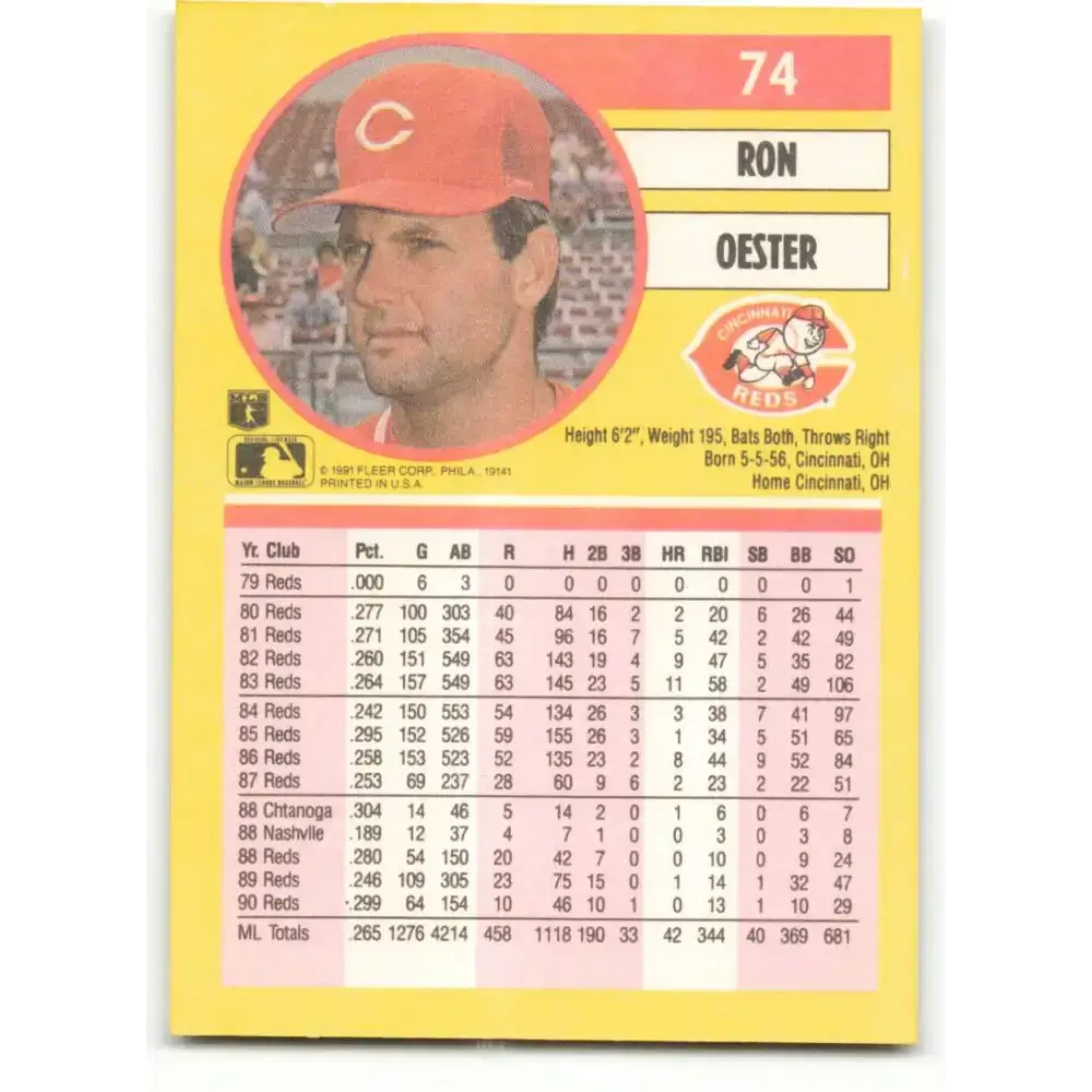 1991 Fleer #74 Ron Oester NM-MT Cincinnati Reds Baseball Card - Baseball Card Single