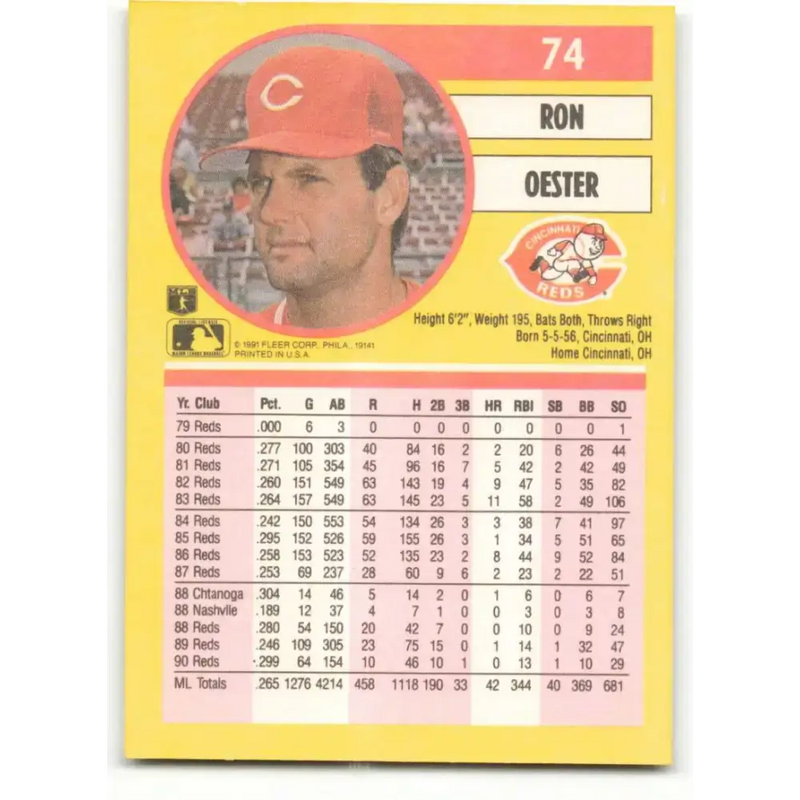 1991 Fleer #74 Ron Oester NM-MT Cincinnati Reds Baseball Card - Baseball Card Single