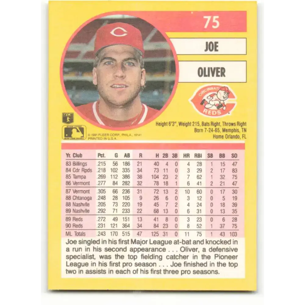 1991 Fleer #75 Joe Oliver NM-MT Cincinnati Reds Baseball Card - Baseball Card Single