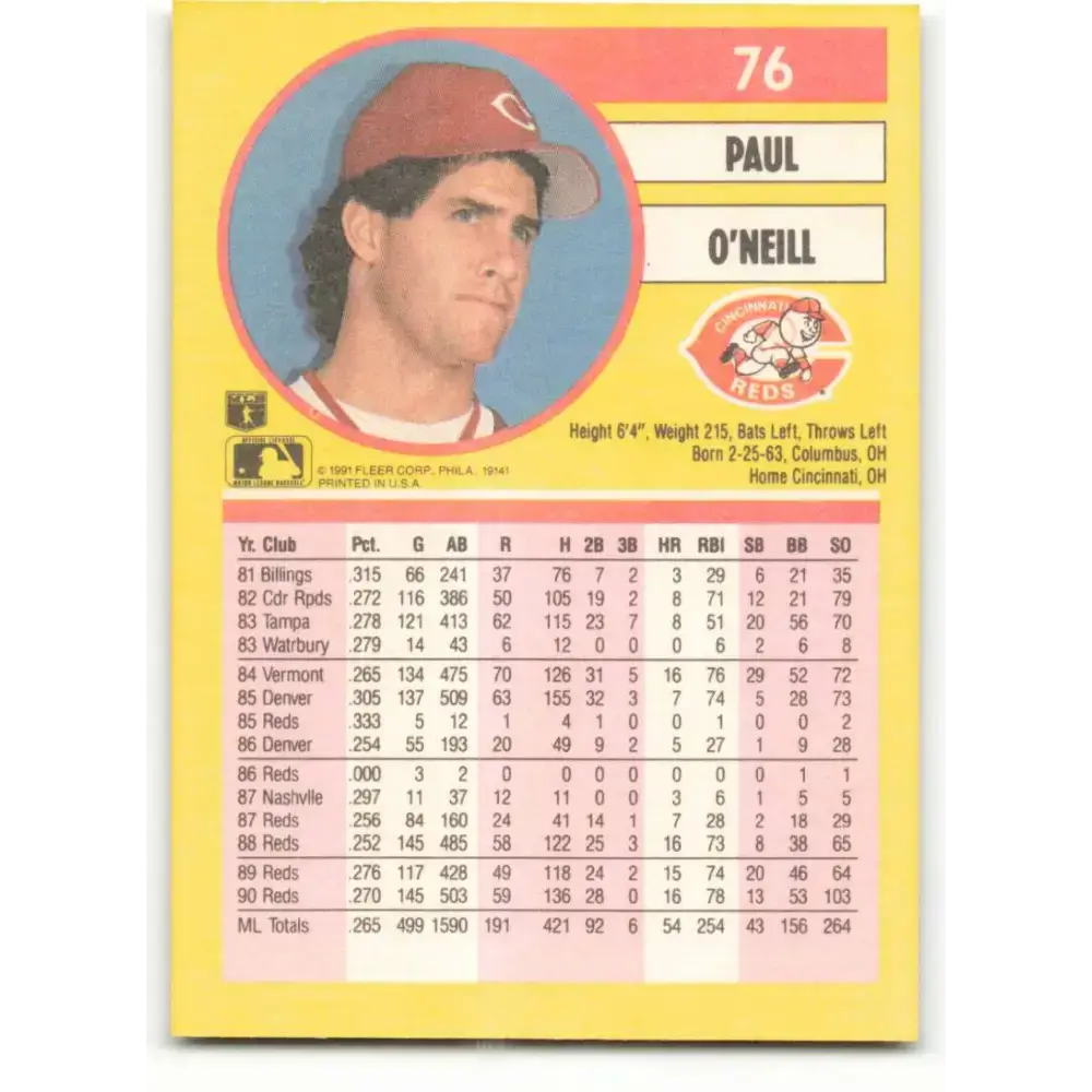 1991 Fleer #76 Paul O’Neill NM-MT Cincinnati Reds Baseball Card - Baseball Card Single