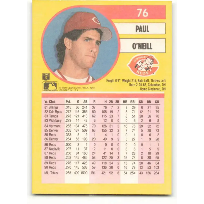1991 Fleer #76 Paul O’Neill NM-MT Cincinnati Reds Baseball Card - Baseball Card Single