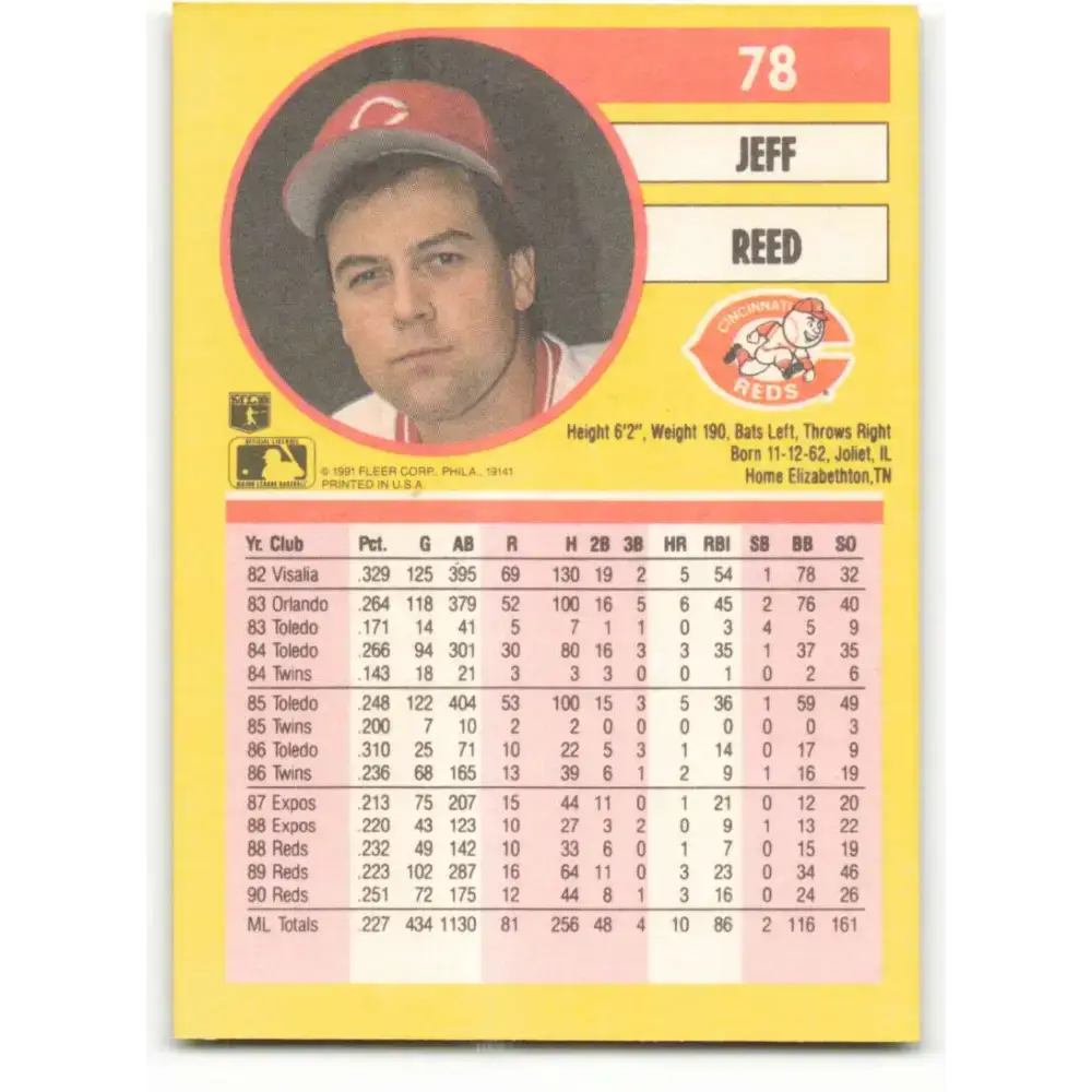 1991 Fleer #78 Jeff Reed NM-MT Cincinnati Reds Baseball Card - Baseball Card Single