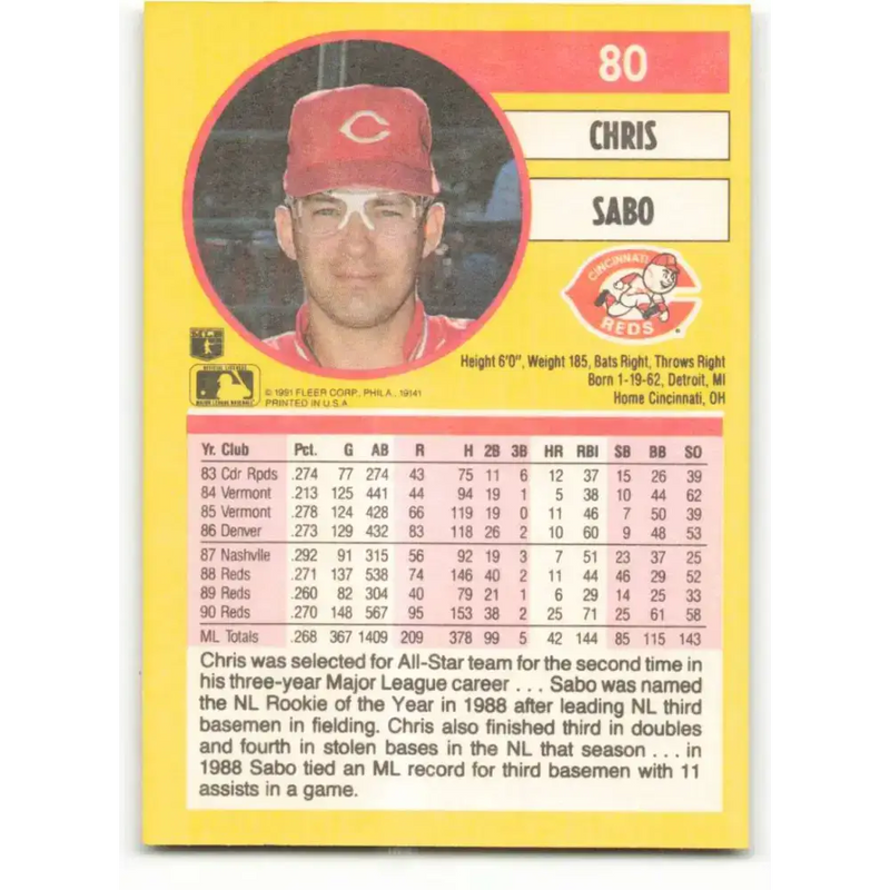 1991 Fleer #80 Chris Sabo NM-MT Cincinnati Reds Baseball Card - Baseball Card Single