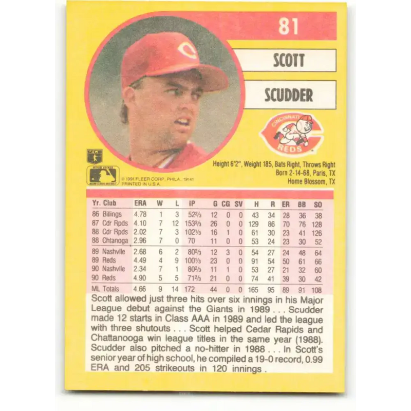 1991 Fleer #81 Scott Scudder NM-MT Cincinnati Reds Baseball Card - Baseball Card Single