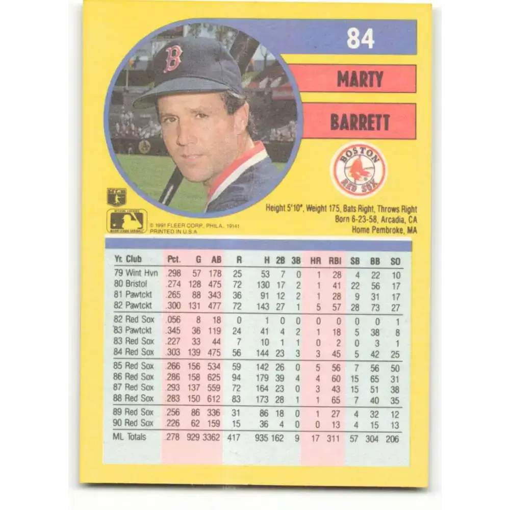 1991 Fleer #84 Marty Barrett NM-MT Boston Red Sox Baseball Card - Baseball Card Single