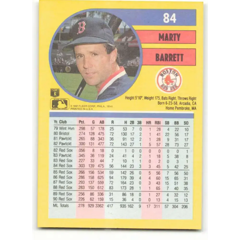 1991 Fleer #84 Marty Barrett NM-MT Boston Red Sox Baseball Card - Baseball Card Single