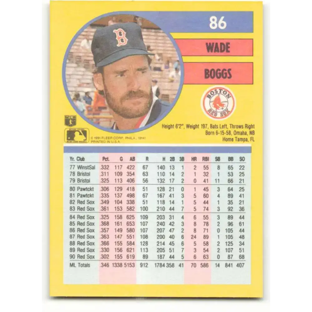 1991 Fleer #86 Wade Boggs NM-MT Boston Red Sox Baseball Card - Baseball Card Single
