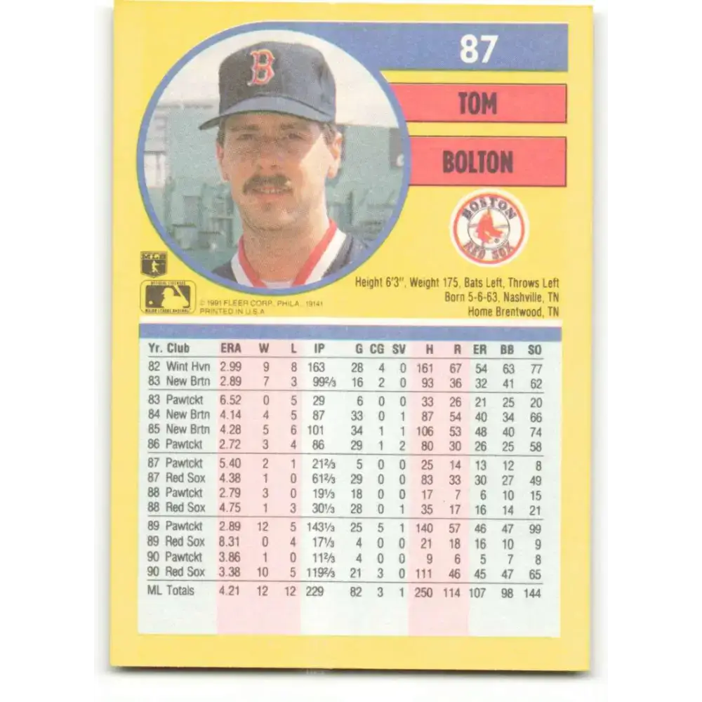 1991 Fleer #87 Tom Bolton NM-MT Boston Red Sox Baseball Card - Baseball Card Single