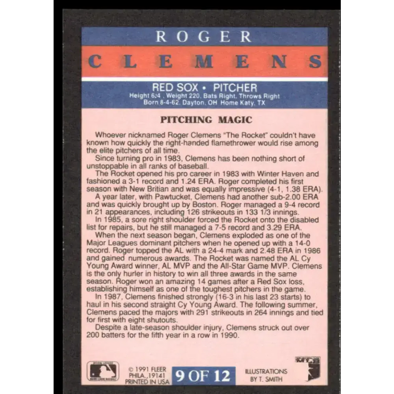 1991 Fleer #9 Roger Clemens EX/NM Boston Red Sox Baseball Card - Baseball Card Single