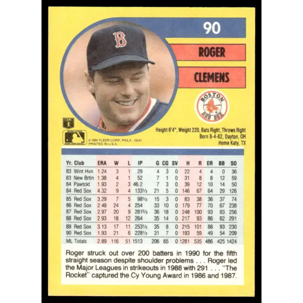 1991 Fleer #90 Roger Clemens EX/NM Boston Red Sox Baseball Card - Baseball Card Single