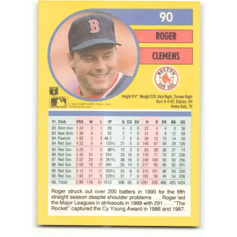 1991 Fleer #90 Roger Clemens NM-MT Boston Red Sox Baseball Card - Baseball Card Single
